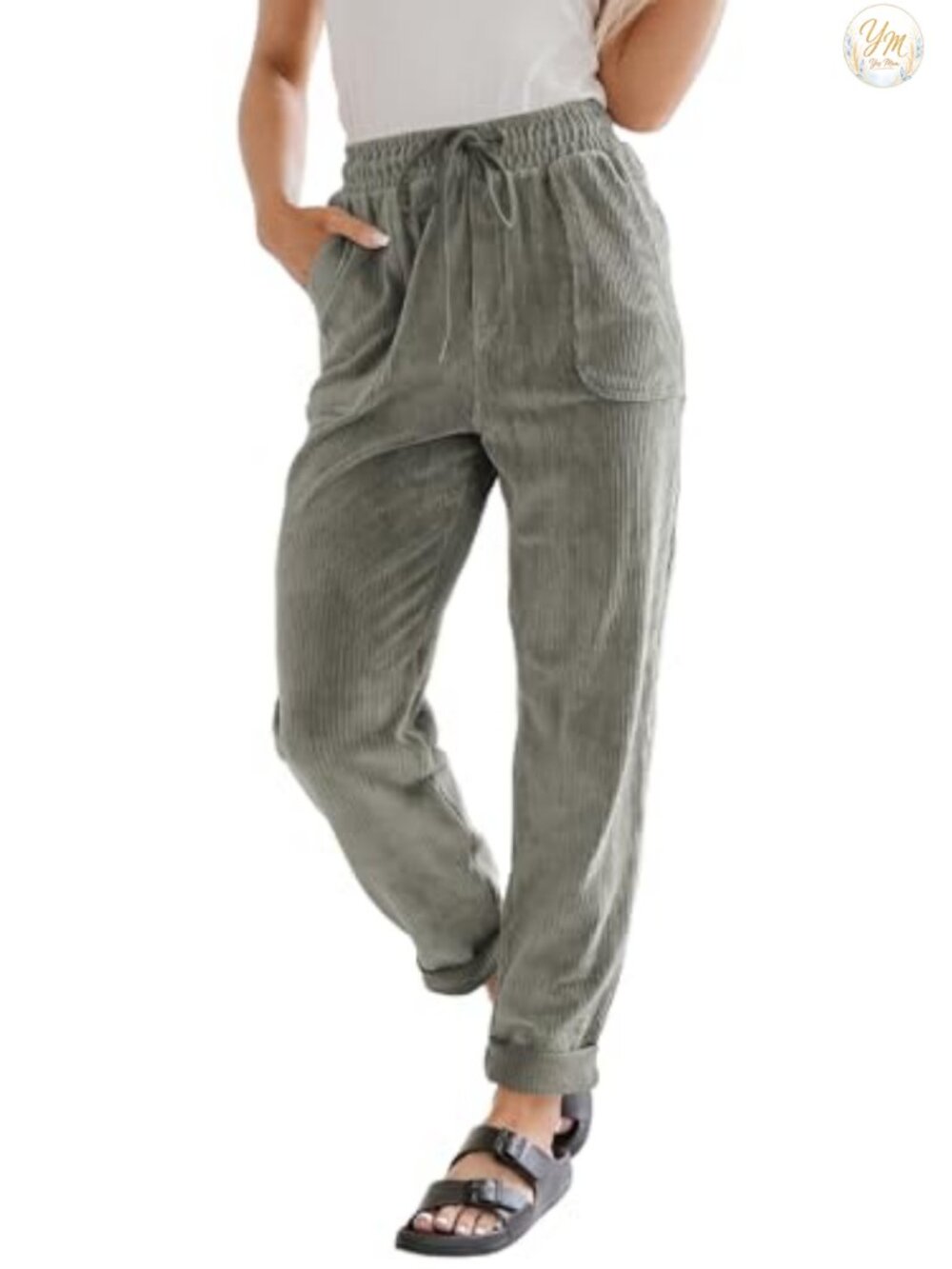 Corduroy Straight Leg Pants High Waist Drawstring Teacher Work Casual